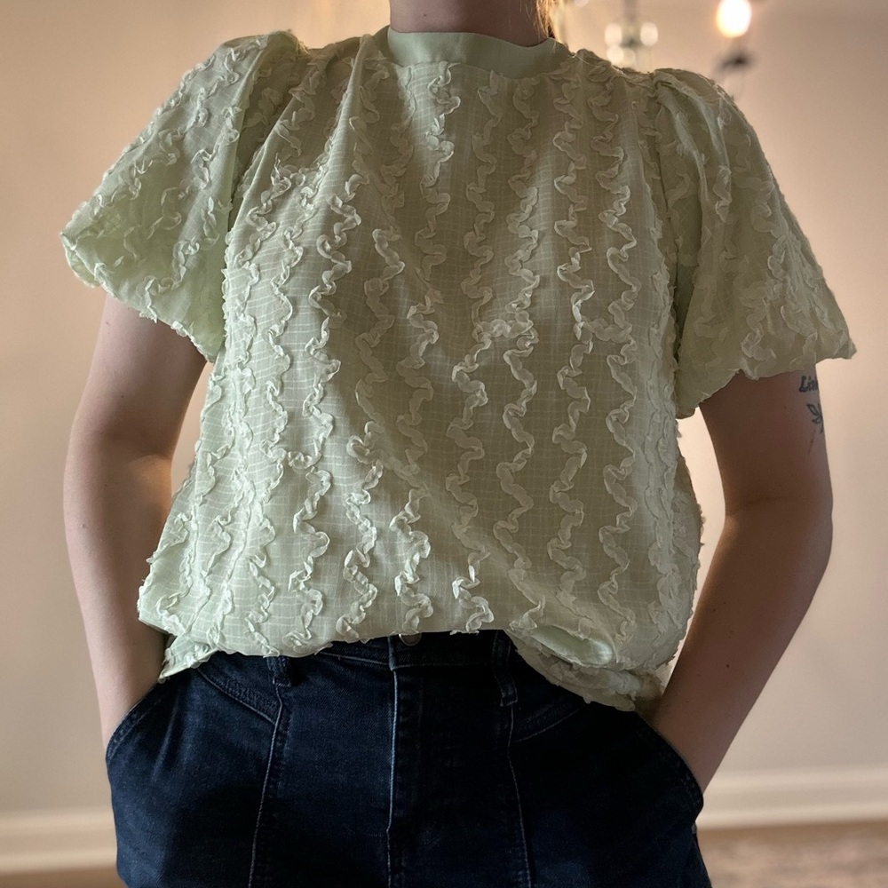 Light Green Textured Puff Sleeve Tieback Top
